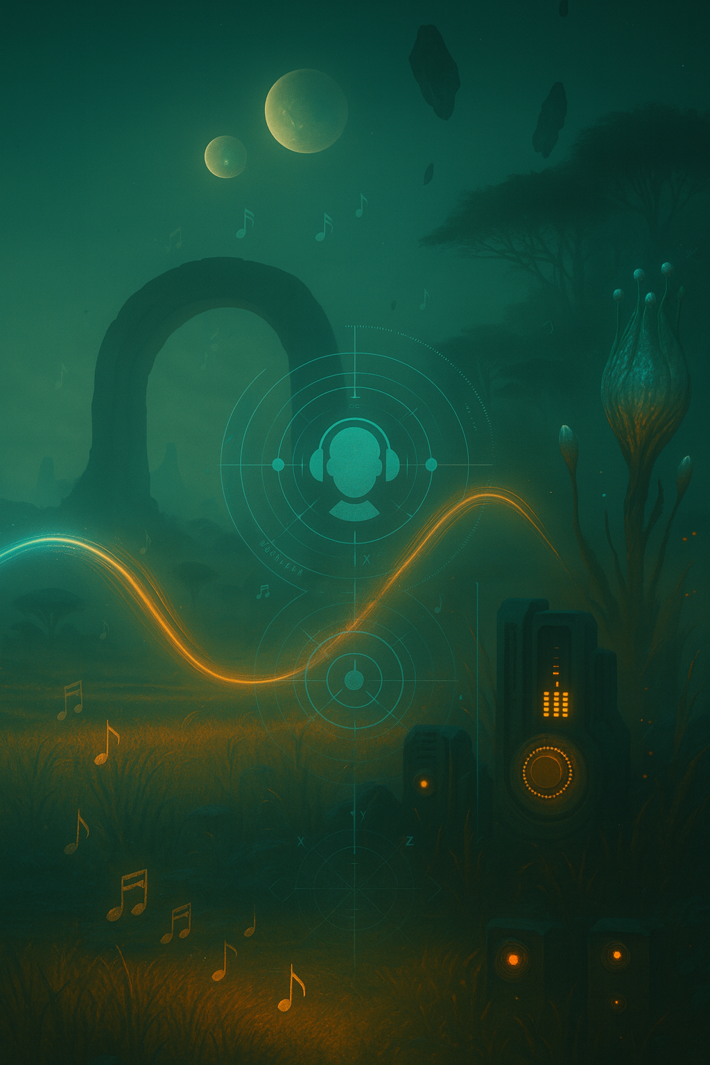 Paisagem sci-fi ao estilo Ryzom com arco e ondas sonoras