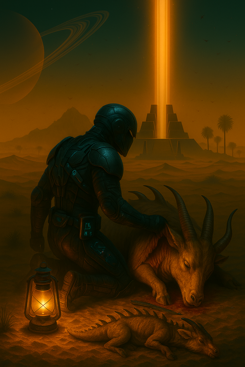 Paisagem sci-fi com UI holográfica representando coleta e crafting